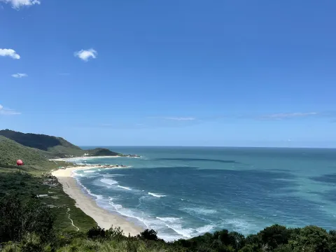 A long sweep of beach and turquoise sea seen from a green headland.